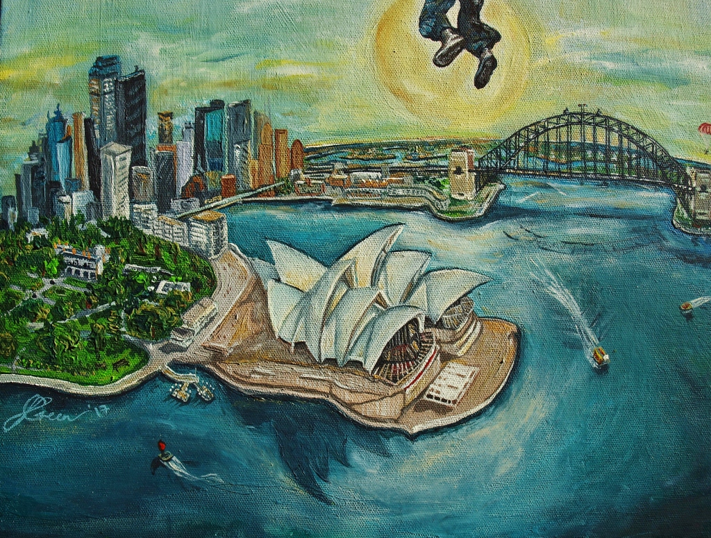 NEW PAINTING – Sydney Harbour Parachute Scene, To Honour ‘Pop’